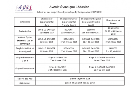 Calendrier des Compétitions 2017-2018